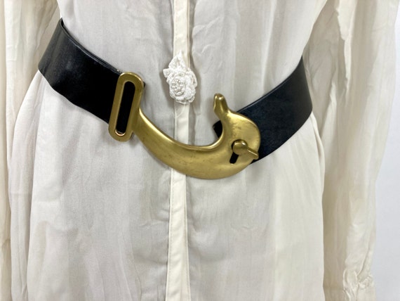 70s Brass Hook Leather Belt Gold Big Buckle Keyho… - image 3