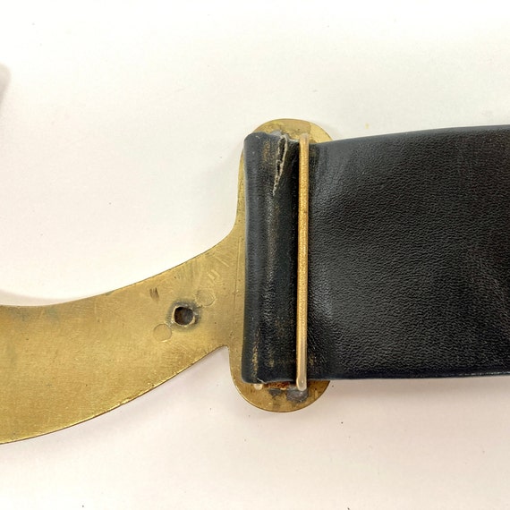70s Brass Hook Leather Belt Gold Big Buckle Keyhole B… Gem