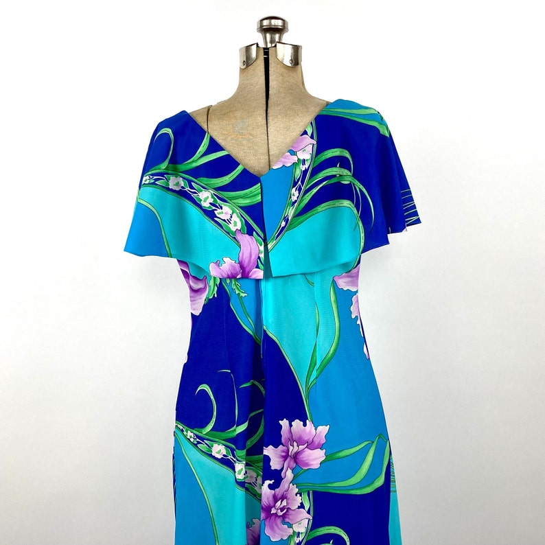 70s Hawaiian Blue Ruffle Maxi Dress Purple Op Art Floral Mod - Etsy