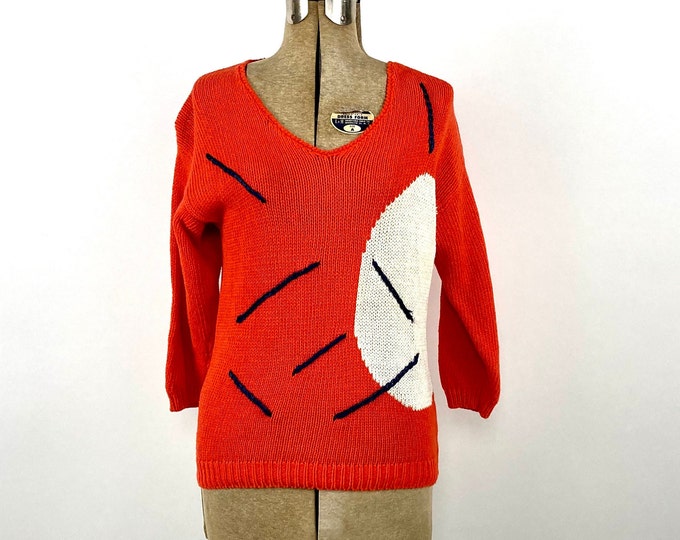 80s Orange White Abstract Sweater Navy V Neck Preppy Top Boho Vintage Chaus Knit Sweater Xs S M