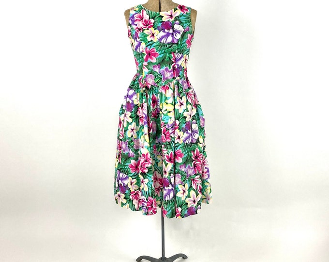 70s Lanz Green Tropical Floral Cotton Dress Open Back Criss Cross Dress Bright Vintage Boho Party Sundress XS S