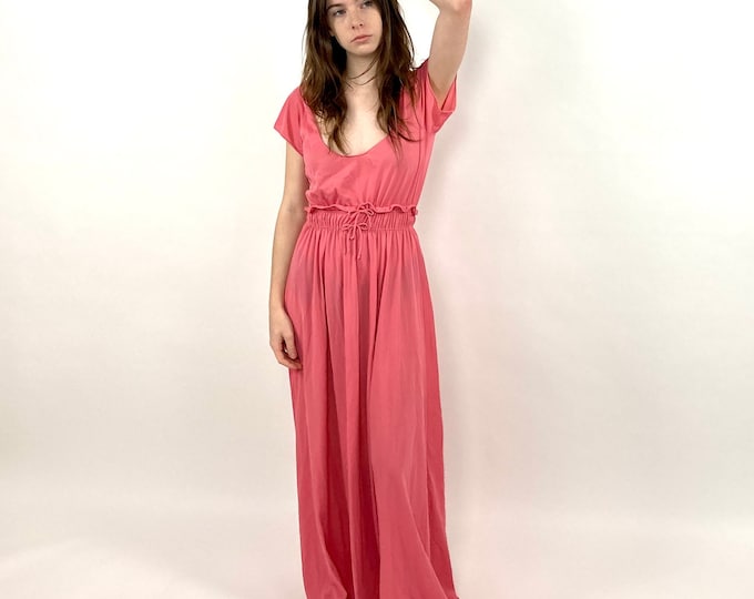 70s Pink Mauve Dress Scoop Neck Ruched Waist Long Grecian Dress Empire Goddess Ethereal Maxi Dress Draped Party Vintage Slip Dress XS S