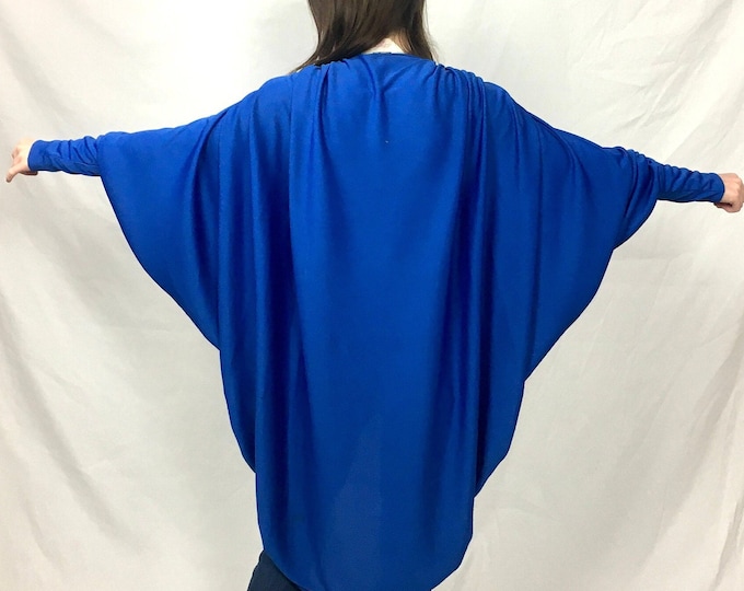 80s Metallic Royal Blue Cocoon Cape Batwing Jacket Draped Cape Cobalt Party Dress Top Xs S M