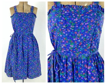 70s Lanz Purple Floral Dress Cottagecore Boho Sun Midi Blue Dress Pintuck Pocket Vintage Sundress Xs S