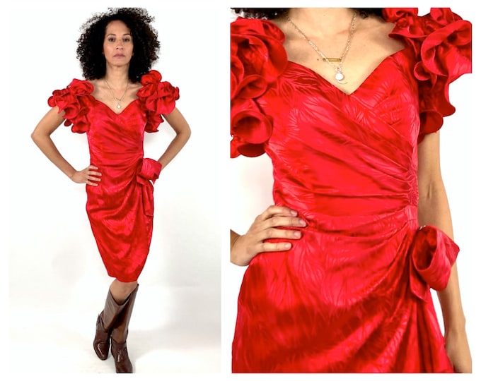 80s Red Silk Mini Cocktail Dress Origami Avant Garde Ruched Brocade Bow Pencil Dress Puff Sleeve Ruffle AJ Bari Party Vintage Glam Dress XS