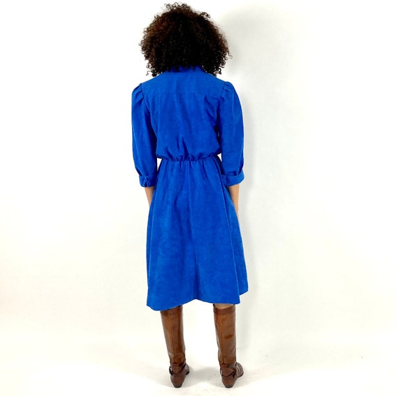 80s Blue Suede V Neck Day Dress Boho Midi Party S… - image 4
