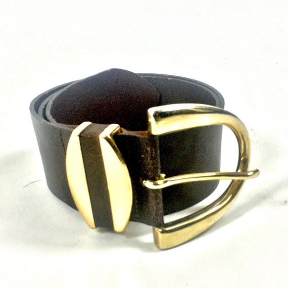 80s Wide Leather Belt Gold Big Buckle Belt Distre… - image 1
