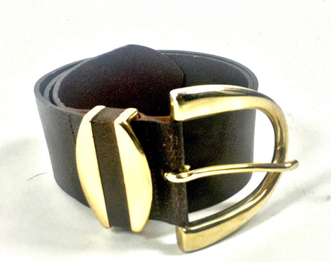 80s Wide Leather Belt Gold Big Buckle Belt Distressed Brown Leather Belt Designer Italian Belt Statement Belt