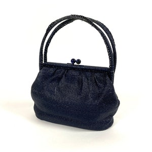 50s Navy Blue Woven Handbag Top Handle Purse Designer Made in Japan Vintage Bag