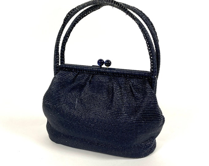 50s Navy Blue Woven Handbag Top Handle Purse Designer Made in Japan Vintage Bag