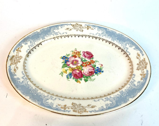 Vintage 1940s Homer Laughlin Floral Platter 22 Carat Gold Blue Plate Royal Splendor Large Oval Serving Tray USA