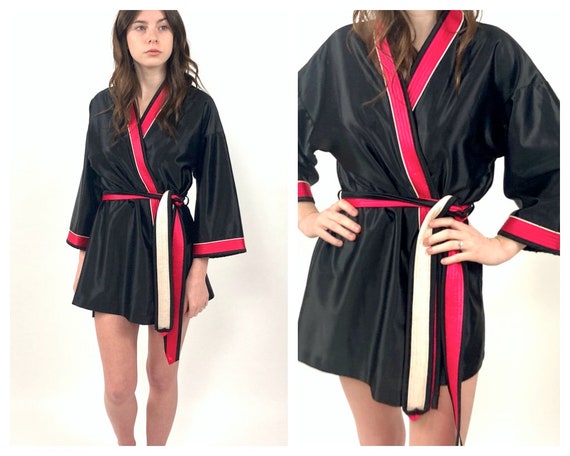 70s Black Mini Boudoir Robe Red Striped Smoking P… - image 1