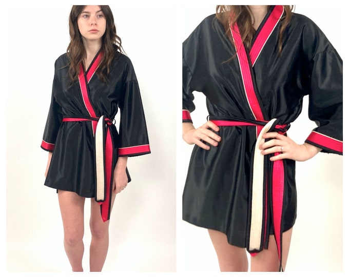 70s Black Mini Boudoir Robe Red Striped Smoking Playboy Lingerie Robe Sash Short Dress Robe