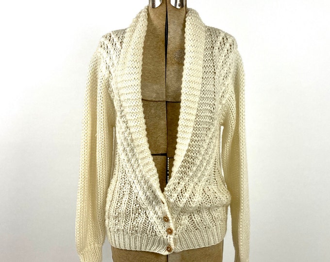 70s Cream Hand Knit Cable Knit Chunky Cardigan Shawl Sailor Collar Off White Sweater Ivory Long Cream Vintage Deep V Jacket Xs S M