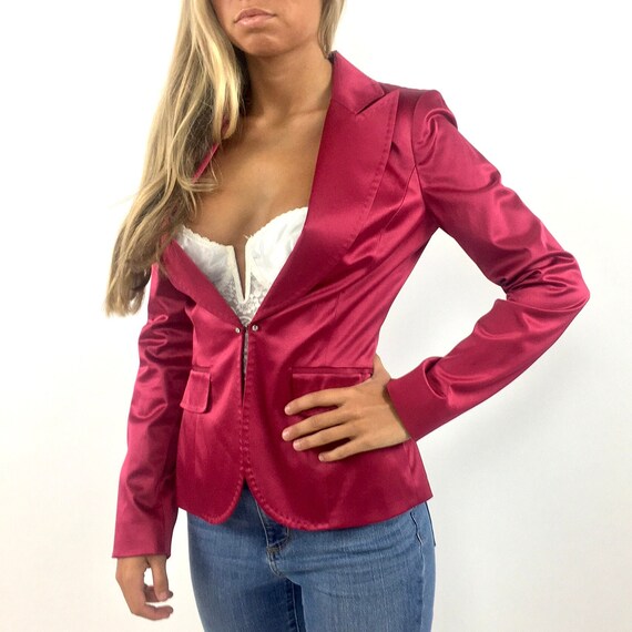 Y2K Hot Pink Satin Blazer Tiny Tailored Jacket De… - image 7