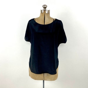 80s Black Silk Top Minimalist Top Blouse Dress Shirt Xs S