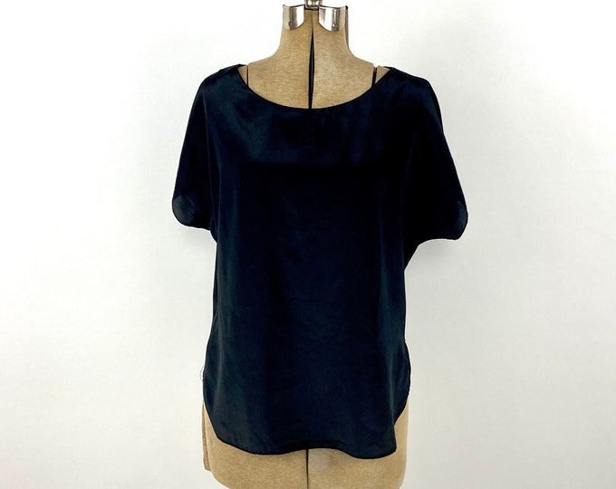 80s Black Silk Top Minimalist Top Blouse Dress Shirt Xs S