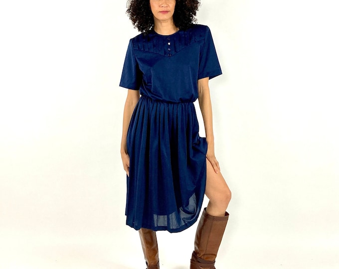 80s Navy Blue Day Dress Button Bodice Short Sleeve Dress Semi Sheer Shirtdress Party Vintage Dress M L