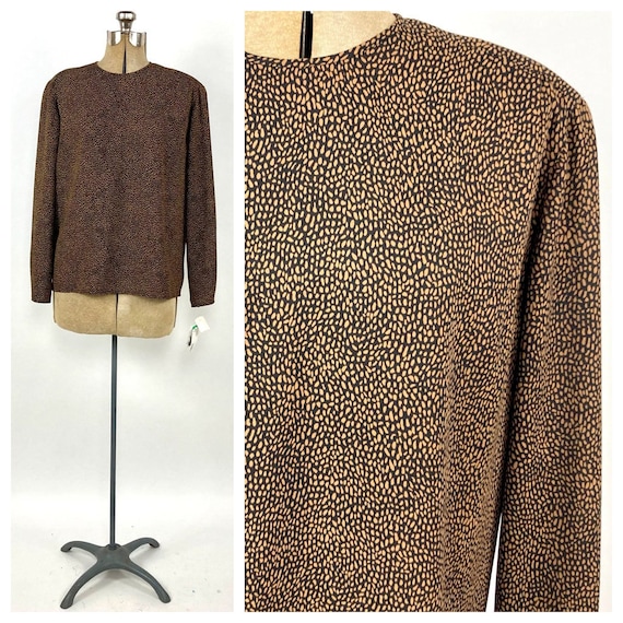 80s Brown Black Leopard Print Blouse Secretary An… - image 1