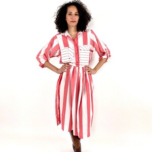 80s Red Striped Day Dress White Semi Sheer Button Bodice Pocket Dress Party Shirtdress Vintage Dress S M