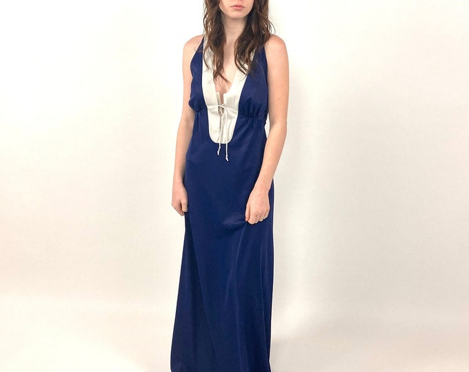70s Navy White Deep V Slip Dress Sexy Maxi Slip Grecian Goddess Gown Dress Plunging Nightgown Party Vintage Sundress Sun Dress S M