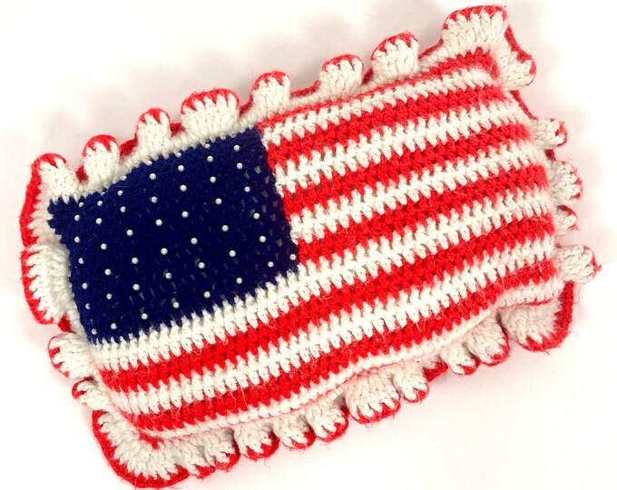 70s American Flag Crochet Knit Pillow Americana Red White Blue Throw Patriotic Vintage Handmade Boho Festival Kitschy Ruffle Pearl Pillow