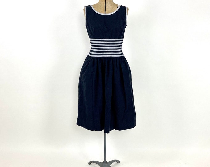 80s Lanz Black Midi Dress White Striped Empire Sundress Gray LBD Party Dress Vintage Tea Party Sun Dress Xs S