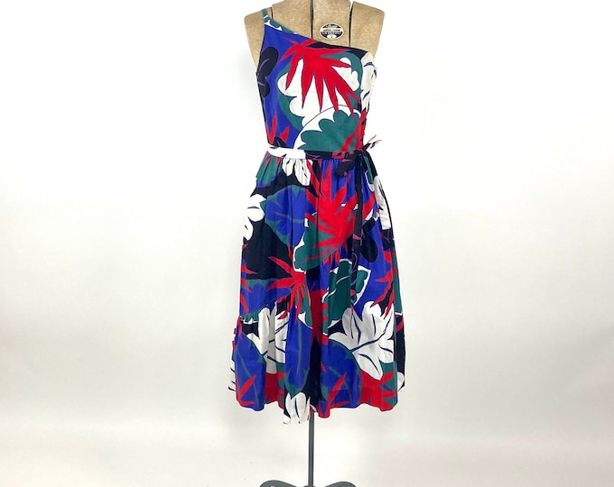 70s Lanz Blue Tropical Floral Cotton Dress One Shoulder Ruffle Dress Bright Vintage Boho Sundress XS S M