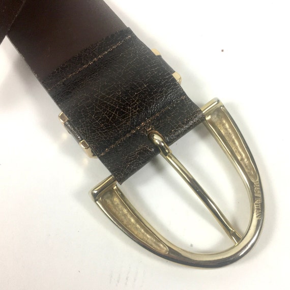80s Wide Leather Belt Gold Big Buckle Belt Distre… - image 4