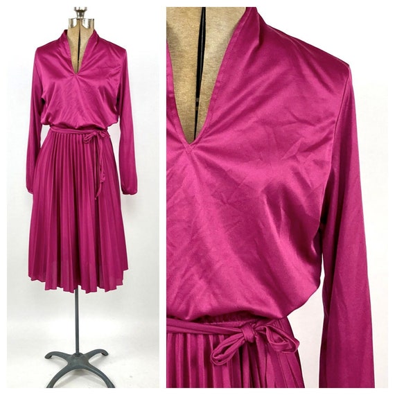 70s Fuschia Disco Long Sleeve Dress Pink V Neck A… - image 1