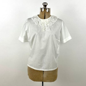 80s White Sheer Lace Bib Blouse Back Button Prairie Ruffle Dress Top Boho Hippie Secretary Vintage Top