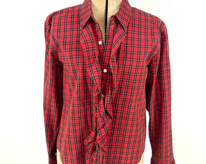 Y2K Red Black Plaid Tuxedo Ruffle Button Up Shirt Ralph Lauren Cotton Vintage Dress Top