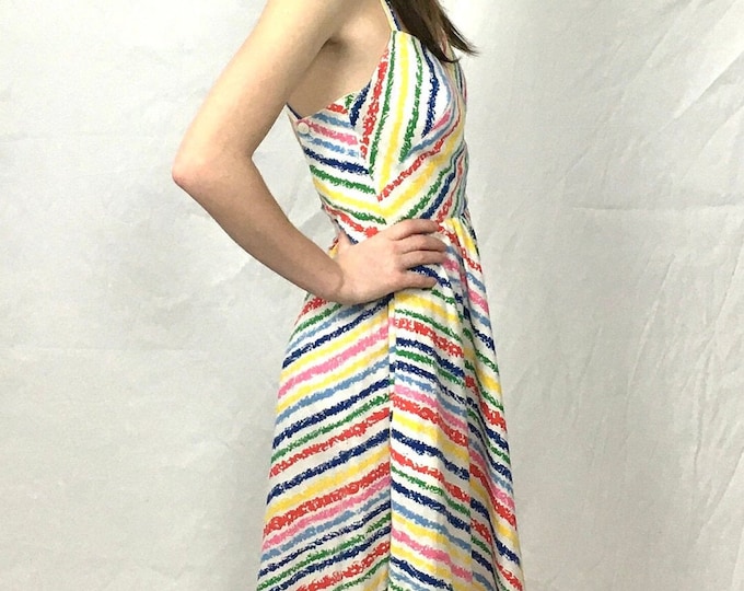 70s Lanz Midi Dress Full Skirt Rainbow Striped Sun Dress Garden Party Dress Open Back Criss Cross Tea Party Vintage Sun Dress Xs S
