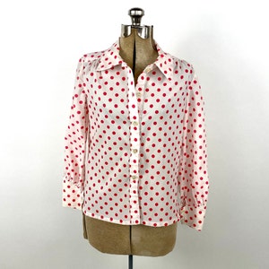 60s Red White Sheer Polka Dot Blouse Vintage Dress Button Up Top