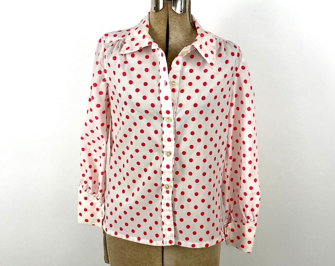 60s Red White Sheer Polka Dot Blouse Vintage Dress Button Up Top