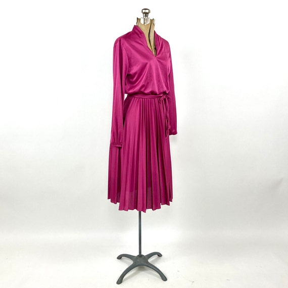 70s Fuschia Disco Long Sleeve Dress Pink V Neck A… - image 4