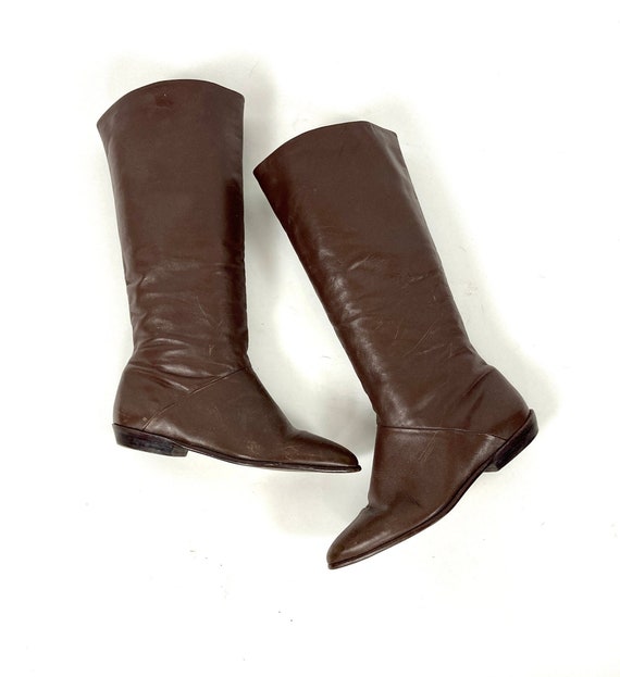 70s Brown Tall Leather Boots Flat Riding Vintage … - image 1