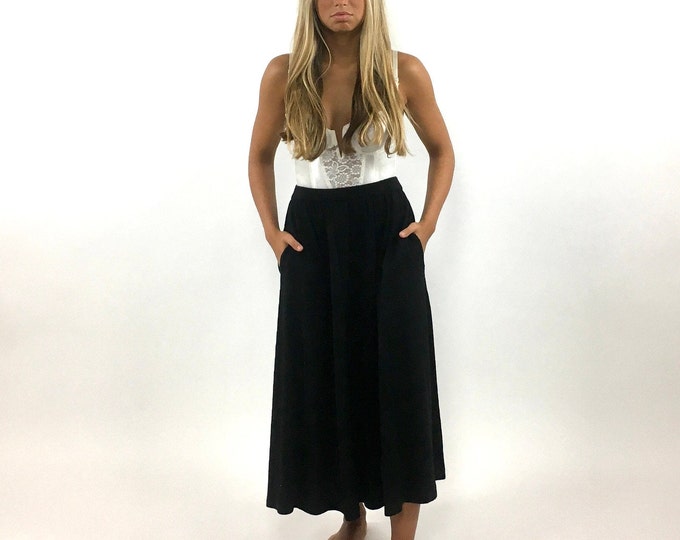 70s Black Knit Dress Skirt Midi Pockets Boho Midi Skirt Vintage Dress Skirt Xs S