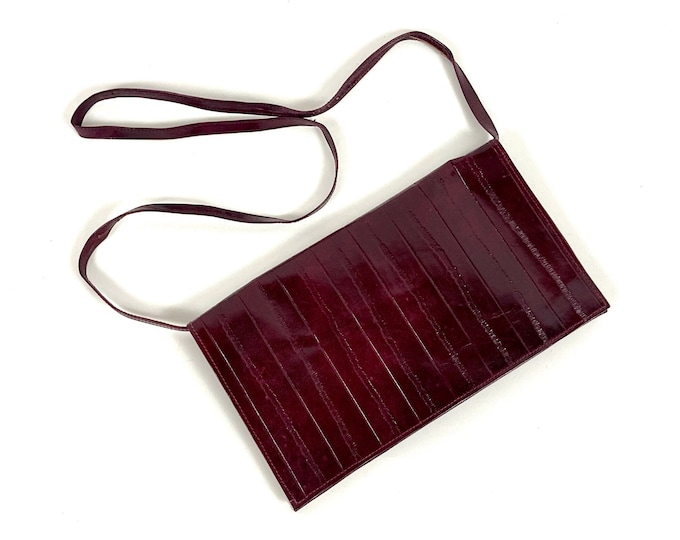 70s Red Leather Clutch Bag Eel Skin Shoulder Bag Striped Flap Purse Crossbody Vintage Baguette