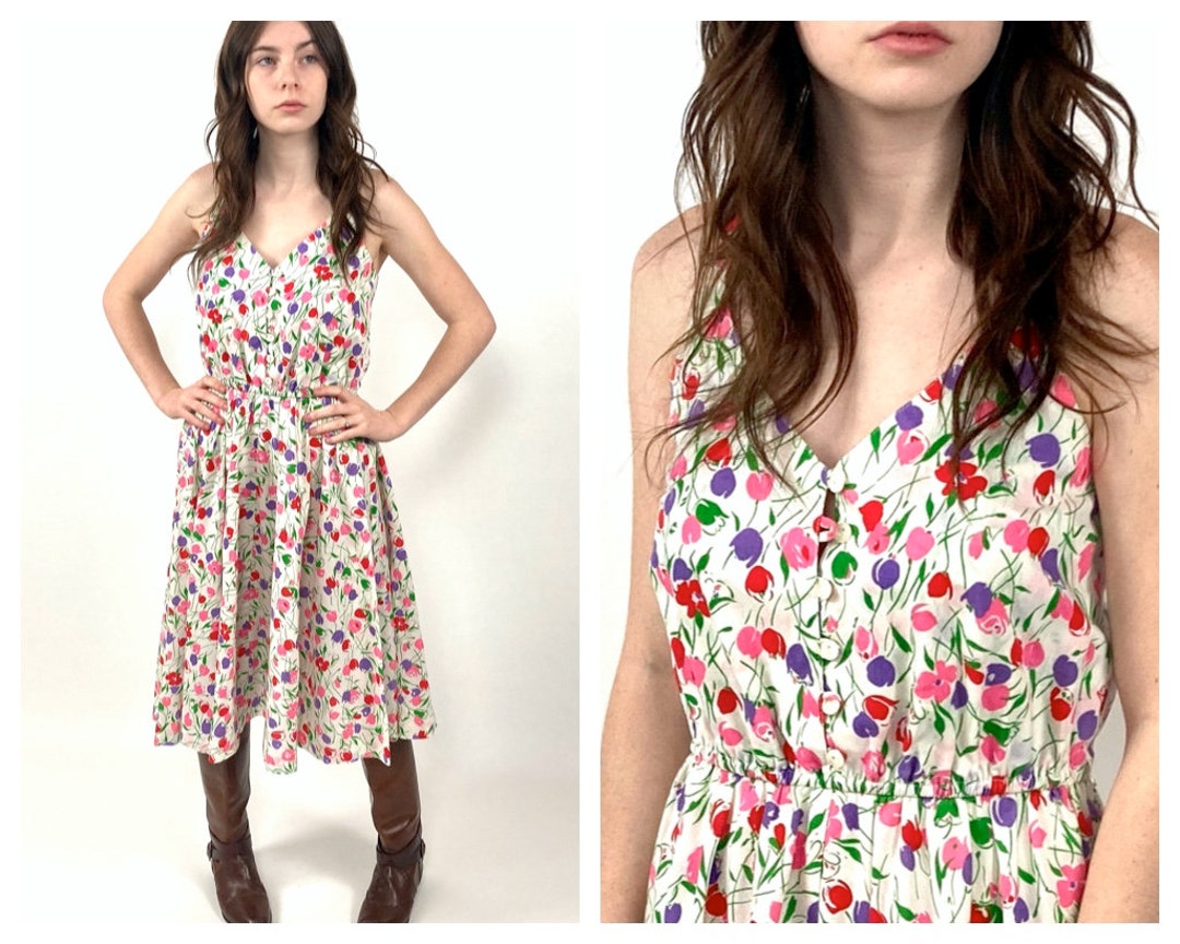 70s Lanz White Pink Tulip Print Dress V Neck Boho Floral Midi - Etsy