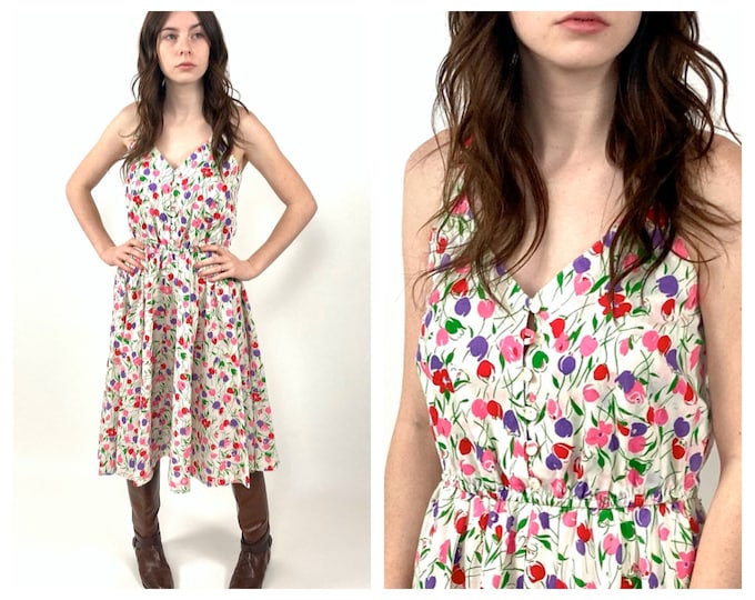 70s Lanz White Pink Tulip Print Dress V Neck Boho Floral Midi Button Bodice Vintage Sundress Xs S