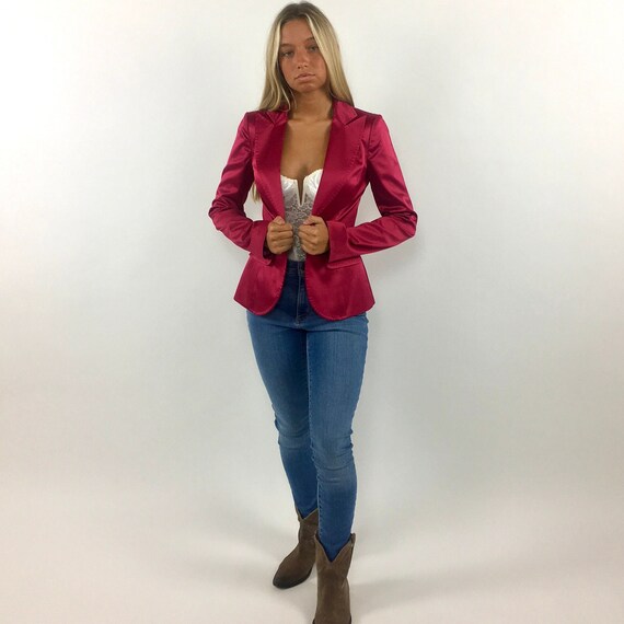 Y2K Hot Pink Satin Blazer Tiny Tailored Jacket De… - image 8