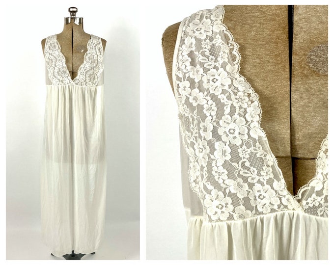 70s White Plunging Deep V Neck Lace Slip Dress Sexy Empire Maxi Slip Grecian Goddess Gown Dress Nightgown Party Vintage Sundress Sun Dress