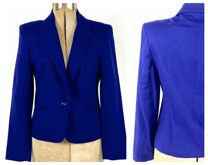 80s Purple Wool Designer Blazer Neiman Marcus Cropped Blue Structured Jacket Fitted Vintage Dress Jacket S M