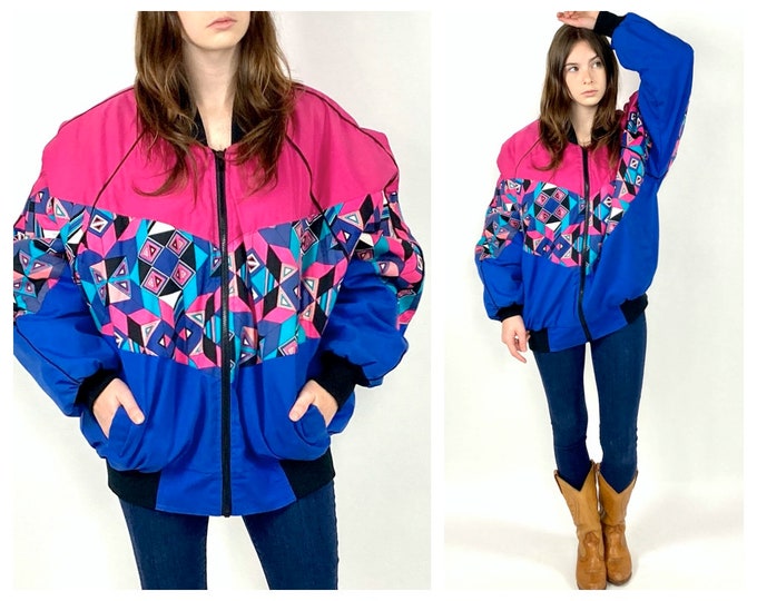 90s Bright Blue Patchwork Puff Coat Southwestern Pink Color Block Geometric Print Puffy Zipper Ski Jacket Aztek Vintage S M