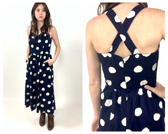 70s Lanz Midi Dress Navy Blue Polka Dot Dress Garden Party Pockets Day Dress Sweetheart Criss Cross Vintage Sundress Xs S