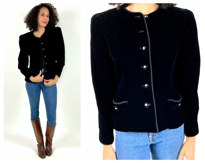 80s Black Velvet Jacket Rhinestone Cropped Blazer Puff Sleeve Avant Garde Structured Vintage Top Blazer S M