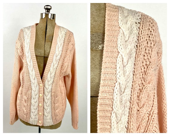 80s Peach Pink Cardigan Sweater Chunky White Cabl… - image 1