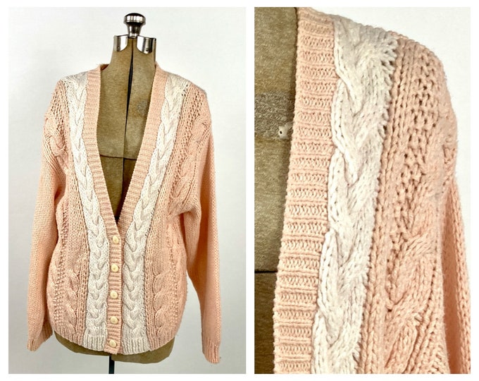 80s Peach Pink Cardigan Sweater Chunky White Cable Knit Cardigan Vintage Hand Knit Oversized Boyfriend Sweater Jacket Xs S M