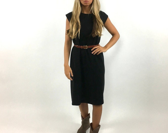 80s Black Cut Out Cage Dress Cotton Shift Midi Dress Minimalist Party Vintage Sundress Sun Dress Xs S M